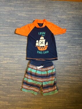 Kids Navy & Orange Rash Guard Set with Striped Swim Shorts 4T